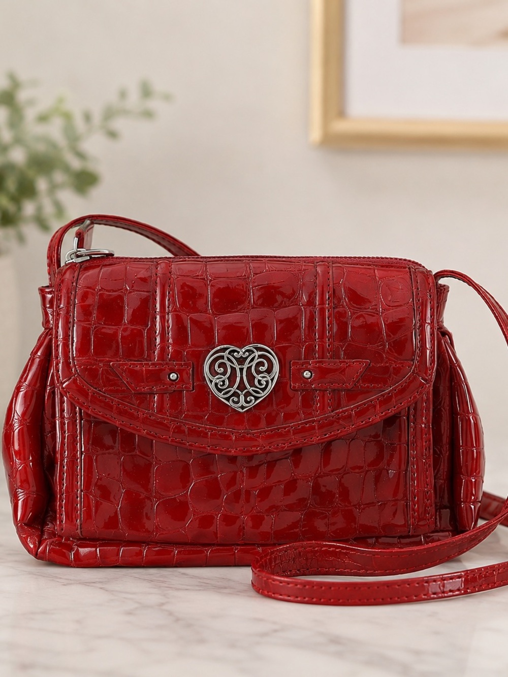Brighton Red Patent Croc Embossed Heart Crossbody Organizer Bag